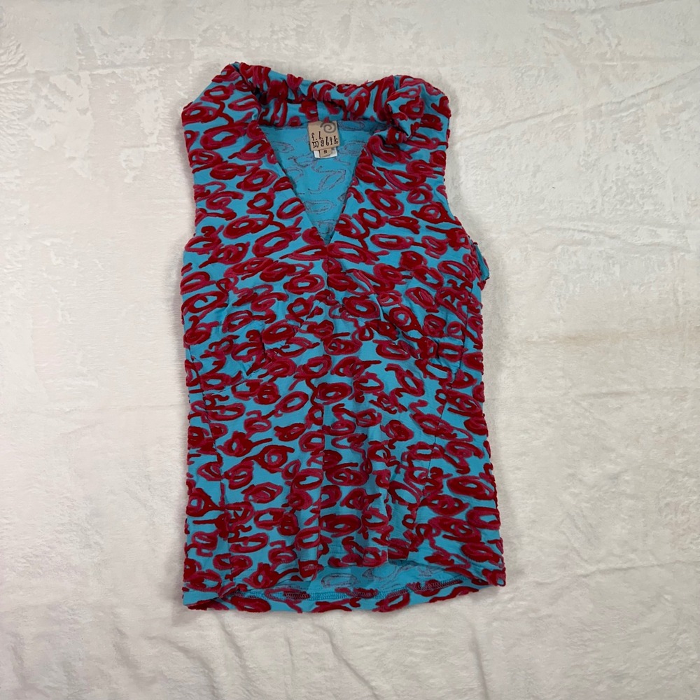 F.L. Malik Sleeveless V-Neck Top S‎ Turquoise Red Flocked Textured Y2K Women